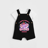 Happy Diwali With Cute little Elephant - Customized Dungaree Set For Kids - BLACK - 0 - 5 Months Old (Chest 18")