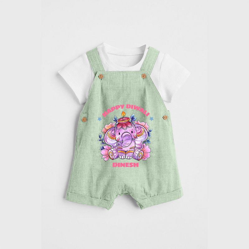 Happy Diwali With Cute little Elephant - Customized Dungaree Set For Kids - MINT GREEN - 0 - 5 Months Old (Chest 18")