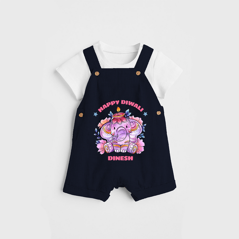 Happy Diwali With Cute little Elephant - Customized Dungaree Set For Kids - NAVY BLUE - 0 - 5 Months Old (Chest 18")