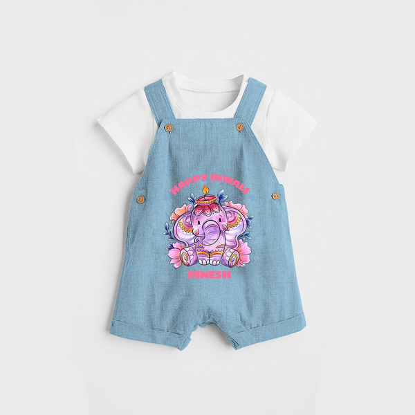 Happy Diwali With Cute little Elephant - Customized Dungaree Set For Kids - SKY BLUE - 0 - 5 Months Old (Chest 18")