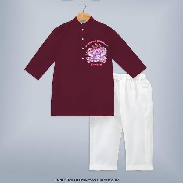 Happy Diwali With Cute little Elephant - Customized Kurta Set For Kids - MAROON - 3-6 Month Old (Chest 24", Kurta Length 14'', Waist 19", Pant Length 14")