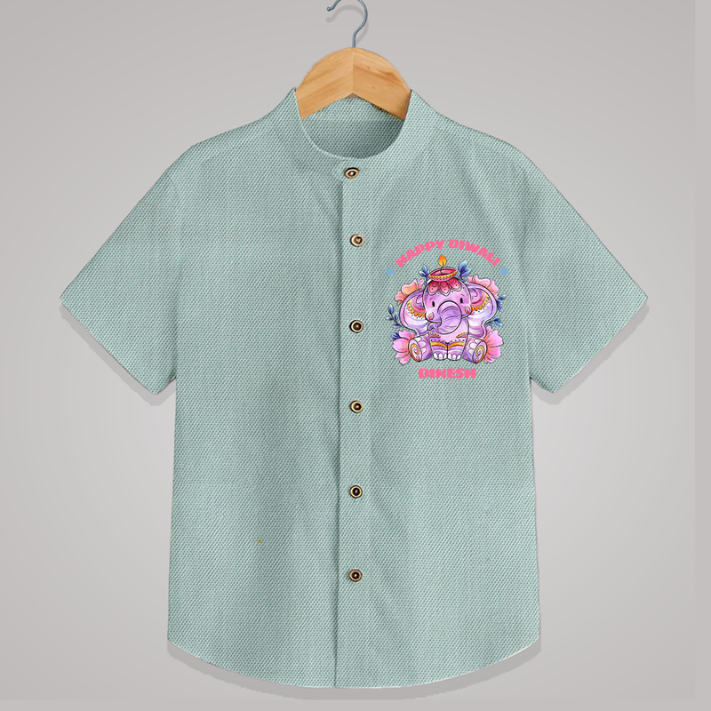 Happy Diwali With Cute little Elephant - Customized Shirt For Kids - ARCTIC BLUE - 0 - 6 Months Old (Chest 23")