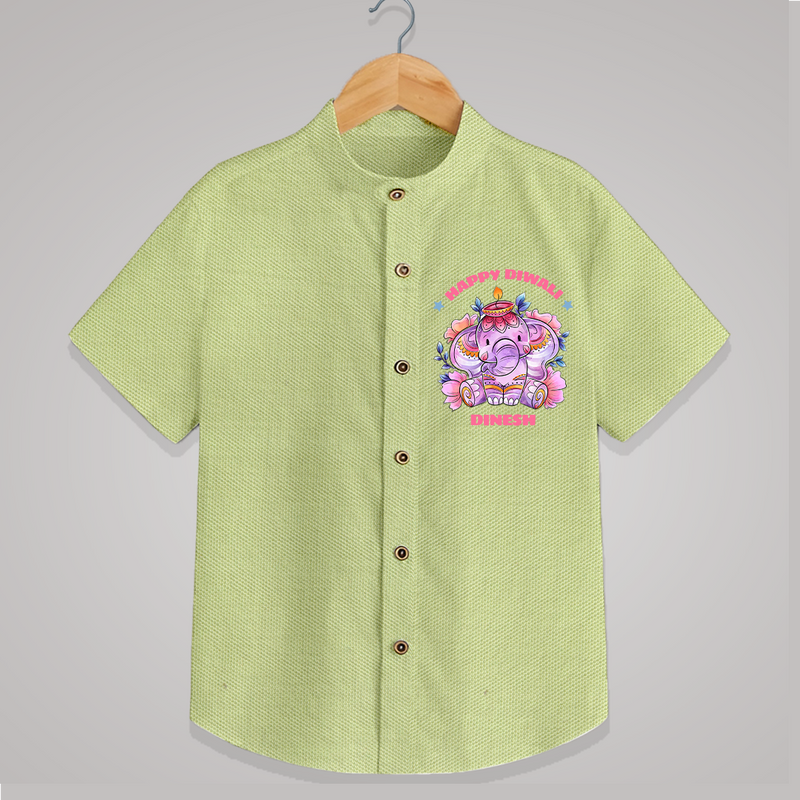 Happy Diwali With Cute little Elephant - Customized Shirt For Kids - PASTEL GREEN - 0 - 6 Months Old (Chest 23")