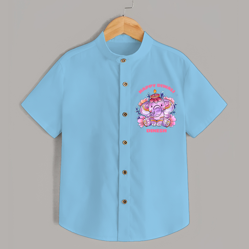 Happy Diwali With Cute little Elephant - Customized Shirt For Kids - SKY BLUE - 0 - 6 Months Old (Chest 23")