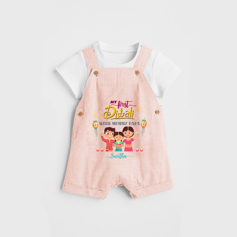 My First Diwali With Mummy Papa - Customized Dungaree Set For Kids - PEACH - 0 - 5 Months Old (Chest 18")