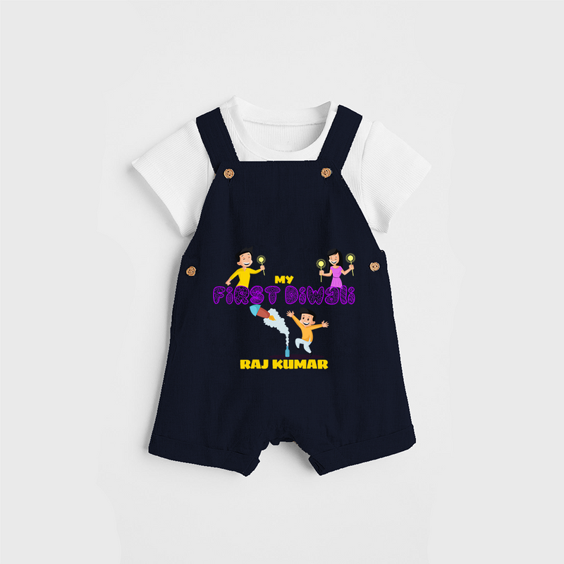 My First Diwali - Customized Dungaree Set For Kids - NAVY BLUE - 0 - 5 Months Old (Chest 18")