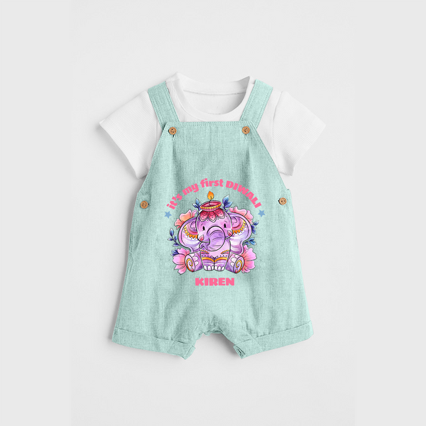 Its My First Diwali With Cute Little Elephant - Customized Dungaree Set For Kids - ARCTIC BLUE - 0 - 5 Months Old (Chest 18")