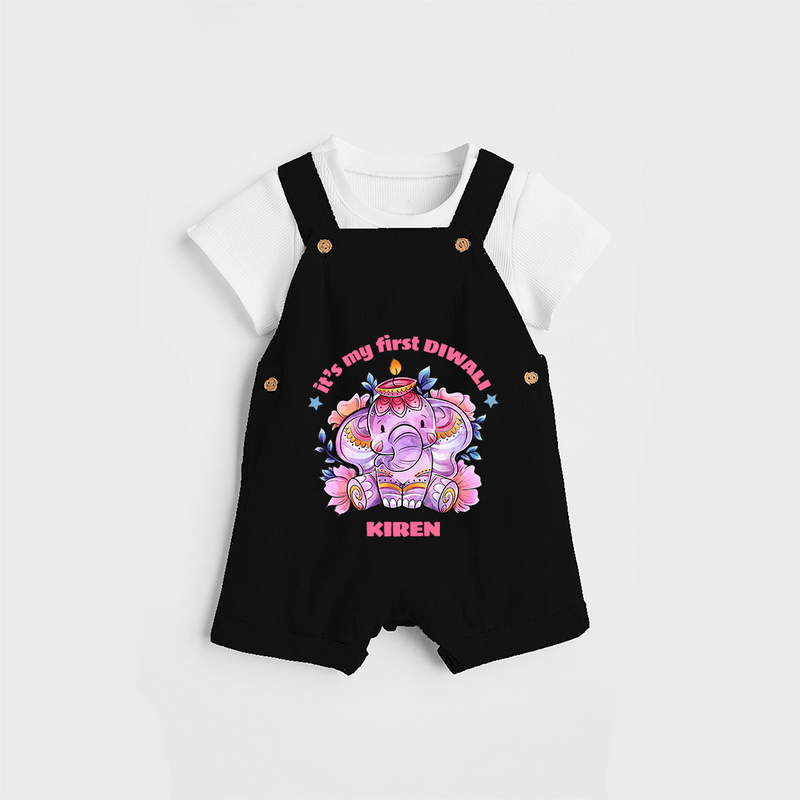 Its My First Diwali With Cute Little Elephant - Customized Dungaree Set For Kids - BLACK - 0 - 5 Months Old (Chest 18")