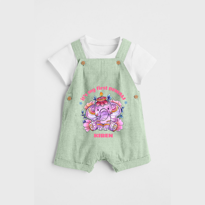 Its My First Diwali With Cute Little Elephant - Customized Dungaree Set For Kids - MINT GREEN - 0 - 5 Months Old (Chest 18")