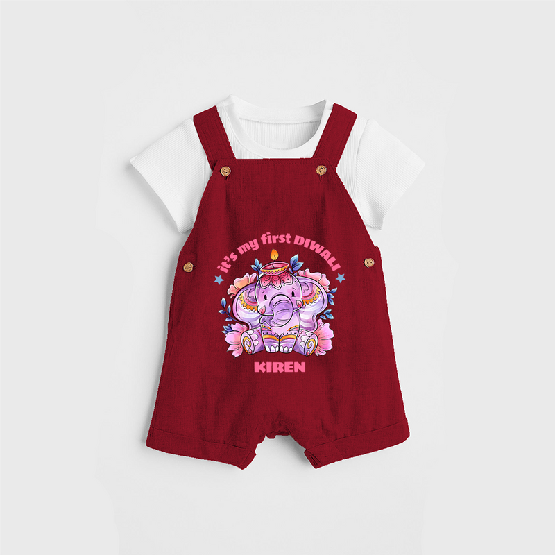 Its My First Diwali With Cute Little Elephant - Customized Dungaree Set For Kids - RED - 0 - 5 Months Old (Chest 18")