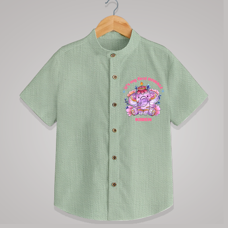 Its My First Diwali With Cute Little Elephant - Customized Shirt For Kids - MINT GREEN - 0 - 6 Months Old (Chest 23")