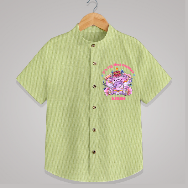 Its My First Diwali With Cute Little Elephant - Customized Shirt For Kids - PASTEL GREEN - 0 - 6 Months Old (Chest 23")