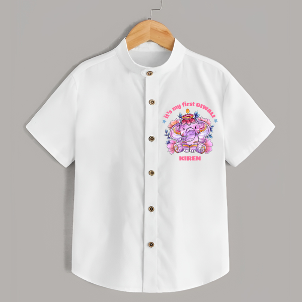 Its My First Diwali With Cute Little Elephant - Customized Shirt For Kids - WHITE - 0 - 6 Months Old (Chest 23")