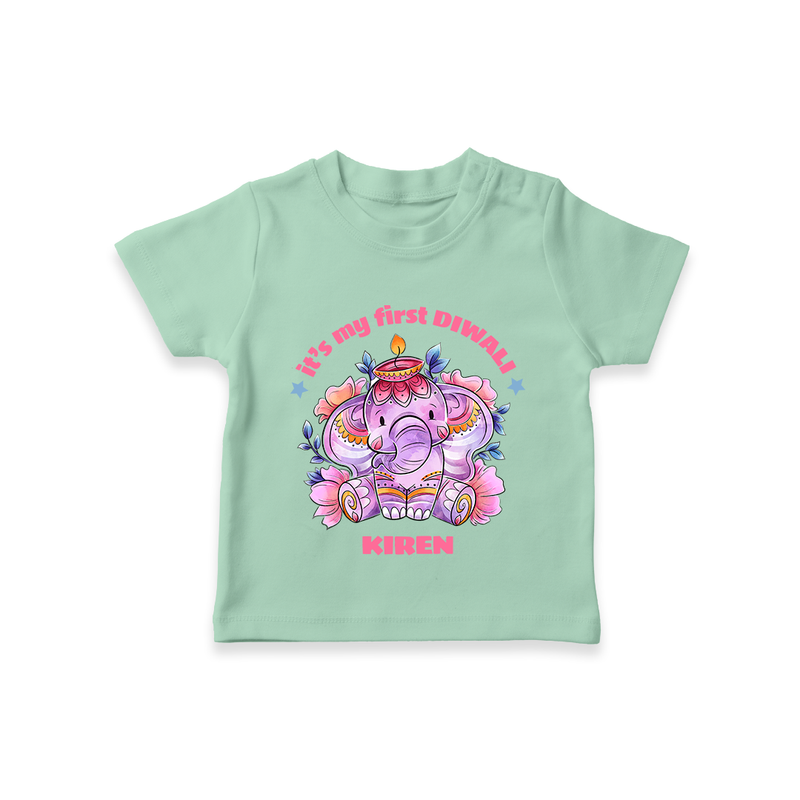 Its My First Diwali With Cute Little Elephant - Customized T-Shirt For Kids - MINT GREEN - 0-5 Months Old (Chest 17")