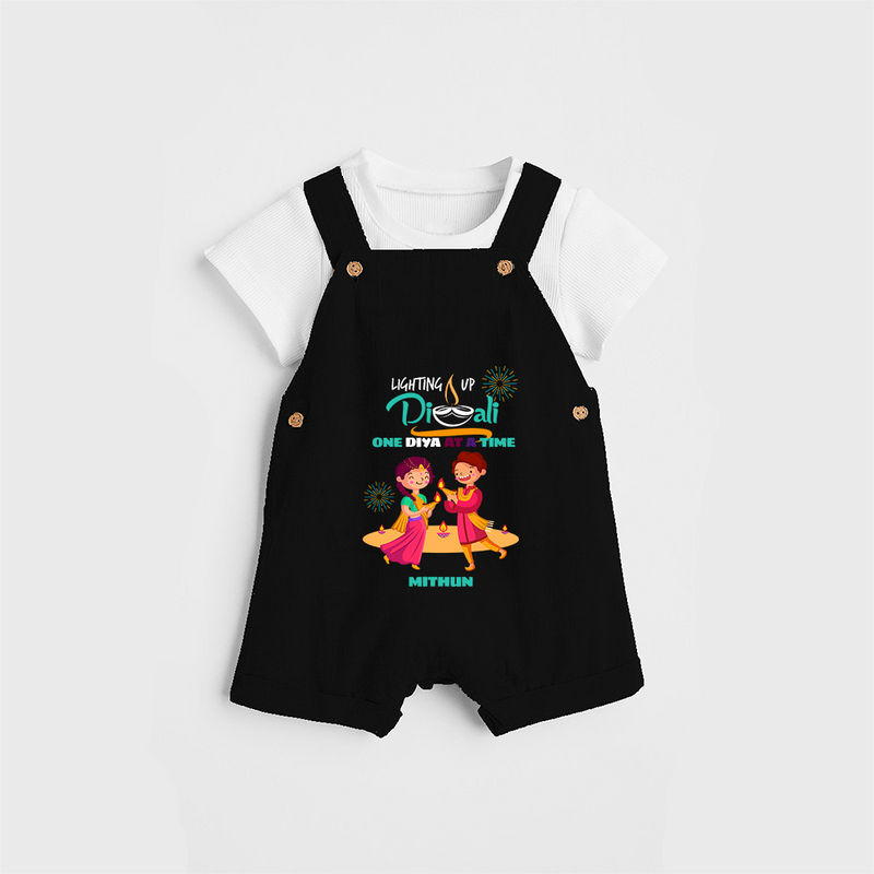 lighting Up Diwali, One Diya At A Time - Customized Diwali Themed Dungaree Set For Kids - BLACK - 0 - 5 Months Old (Chest 18")