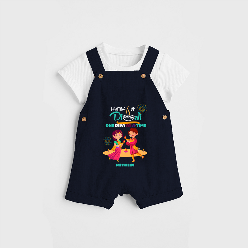 lighting Up Diwali, One Diya At A Time - Customized Diwali Themed Dungaree Set For Kids - NAVY BLUE - 0 - 5 Months Old (Chest 18")