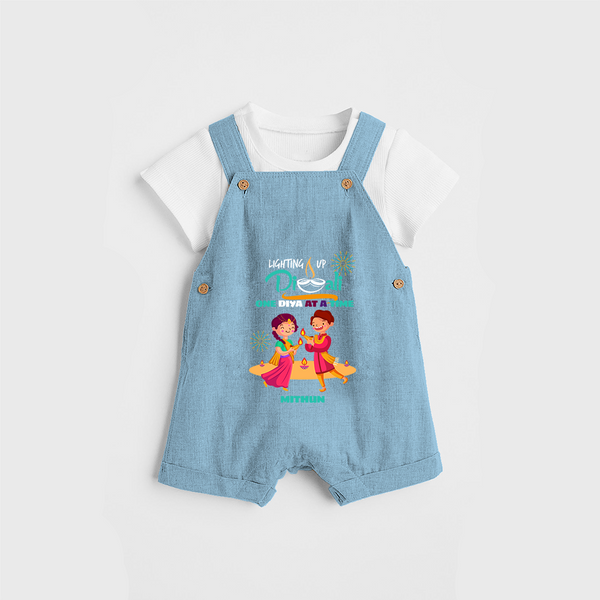 lighting Up Diwali, One Diya At A Time - Customized Diwali Themed Dungaree Set For Kids - SKY BLUE - 0 - 5 Months Old (Chest 18")