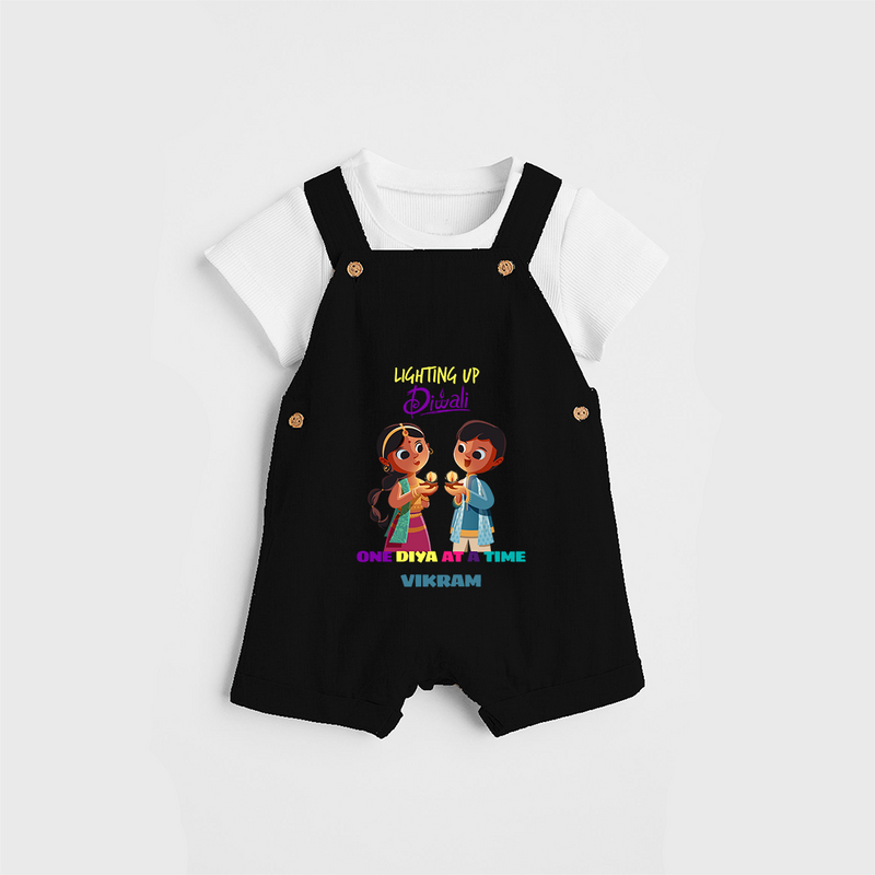 Lighting Up Diwali - Customized Diwali Themed Dungaree Set For Kids - BLACK - 0 - 5 Months Old (Chest 18")