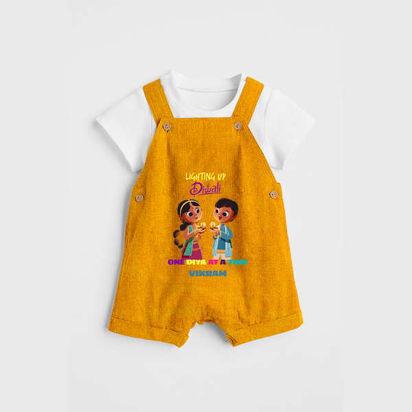 Lighting Up Diwali - Customized Diwali Themed Dungaree Set For Kids - CHROME YELLOW - 0 - 5 Months Old (Chest 18")