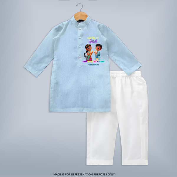 Lighting Up Diwali - Customized Diwali Themed Kurta Set For Kids - SKY BLUE - 3-6 Month Old (Chest 24", Kurta Length 14'', Waist 19", Pant Length 14")