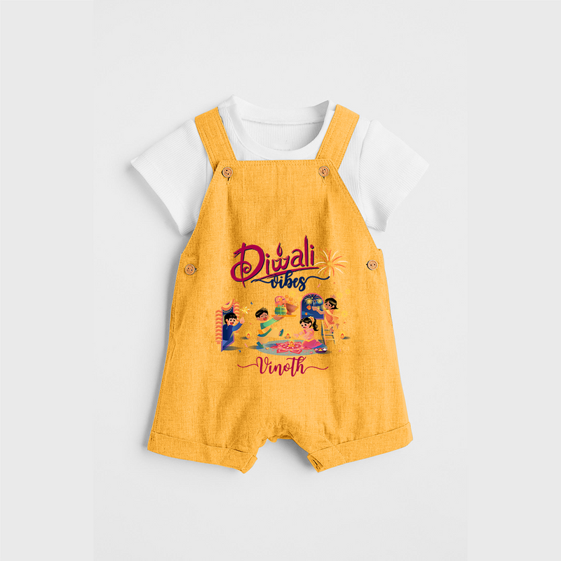 Diwali Vibes - Customized Diwali Themed Dungaree Set For Kids - PASTEL YELLOW - 0 - 5 Months Old (Chest 18")