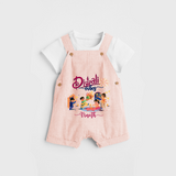 Diwali Vibes - Customized Diwali Themed Dungaree Set For Kids - PEACH - 0 - 5 Months Old (Chest 18")