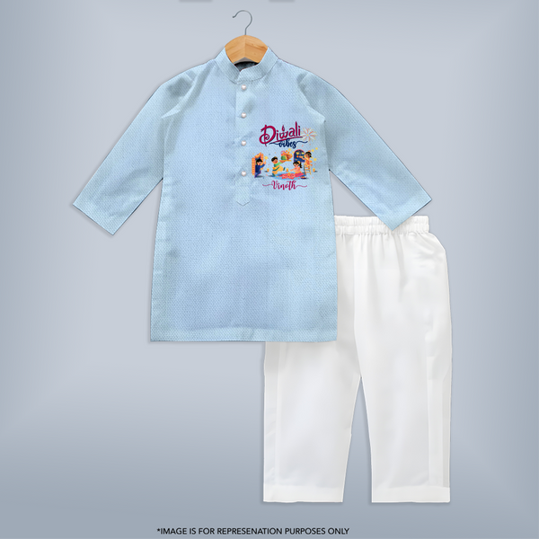 Diwali Vibes - Customized Diwali Themed Kurta Set For Kids - SKY BLUE - 3-6 Month Old (Chest 24", Kurta Length 14'', Waist 19", Pant Length 14")