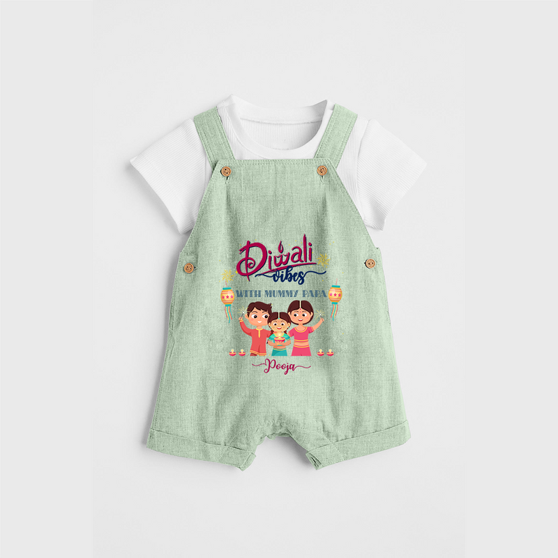 Diwali Vibes With Mummy And Papa - Customized Diwali Themed Dungaree Set For Kids - MINT GREEN - 0 - 5 Months Old (Chest 18")