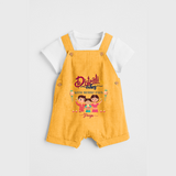 Diwali Vibes With Mummy And Papa - Customized Diwali Themed Dungaree Set For Kids - PASTEL YELLOW - 0 - 5 Months Old (Chest 18")