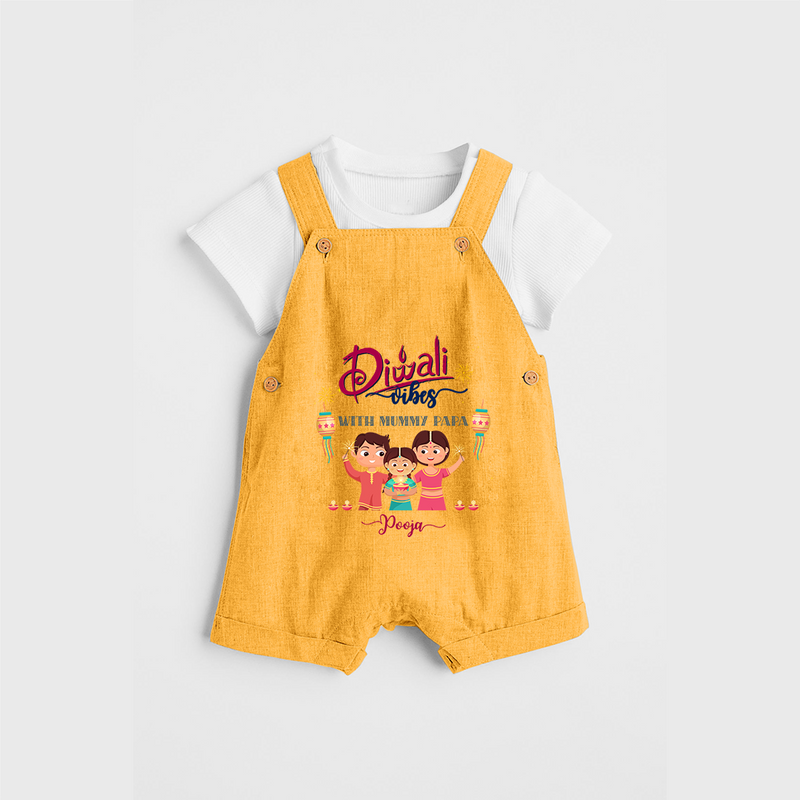 Diwali Vibes With Mummy And Papa - Customized Diwali Themed Dungaree Set For Kids - PASTEL YELLOW - 0 - 5 Months Old (Chest 18")