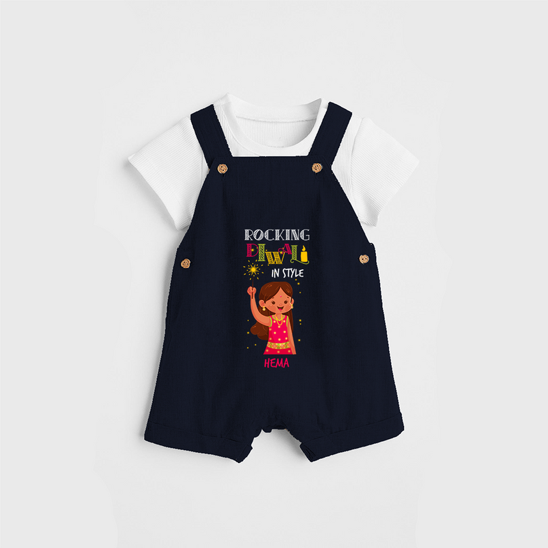 Rocking Diwali - Customized Girls Dungaree Set - NAVY BLUE - 0 - 5 Months Old (Chest 18")