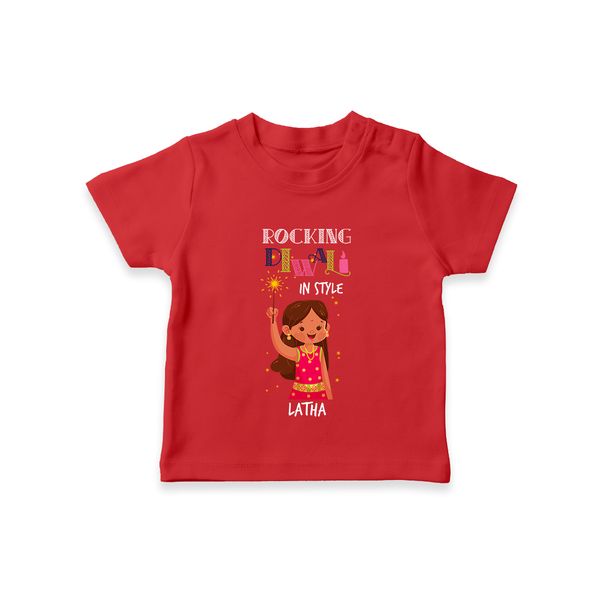 Rocking Diwali - Diwali Themed Customized Girls T-Shirt - RED - 0-5 Months Old (Chest 17")