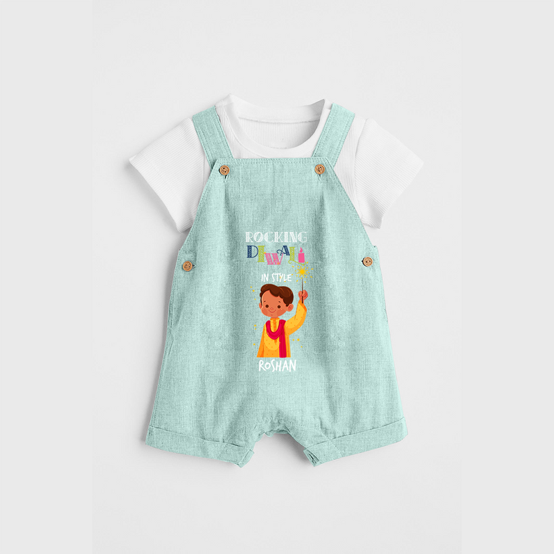 Rocking Diwali - Diwali Themed Customized Boys Dungaree Set - ARCTIC BLUE - 0 - 5 Months Old (Chest 18")