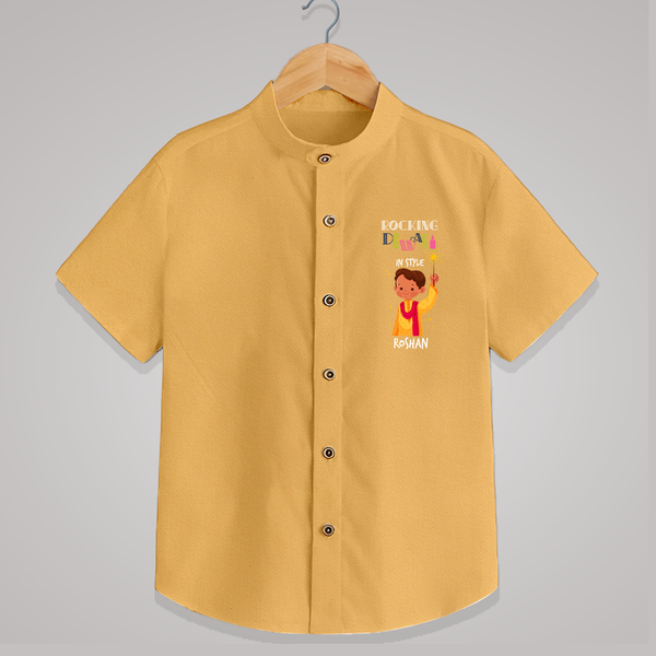 Rocking Diwali - Diwali Themed Customized Boys Shirt - PASTEL YELLOW - 0 - 6 Months Old (Chest 23")