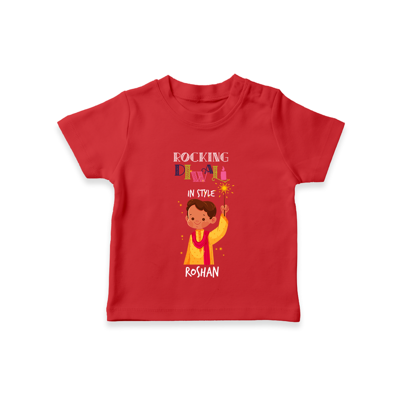 Rocking Diwali - Diwali Themed Customized Boys T-Shirt - RED - 0-5 Months Old (Chest 17")