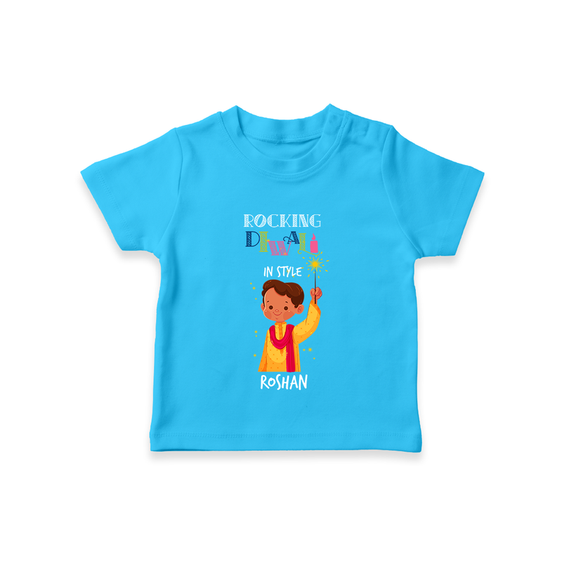 Rocking Diwali - Diwali Themed Customized Boys T-Shirt - SKY BLUE - 0-5 Months Old (Chest 17")