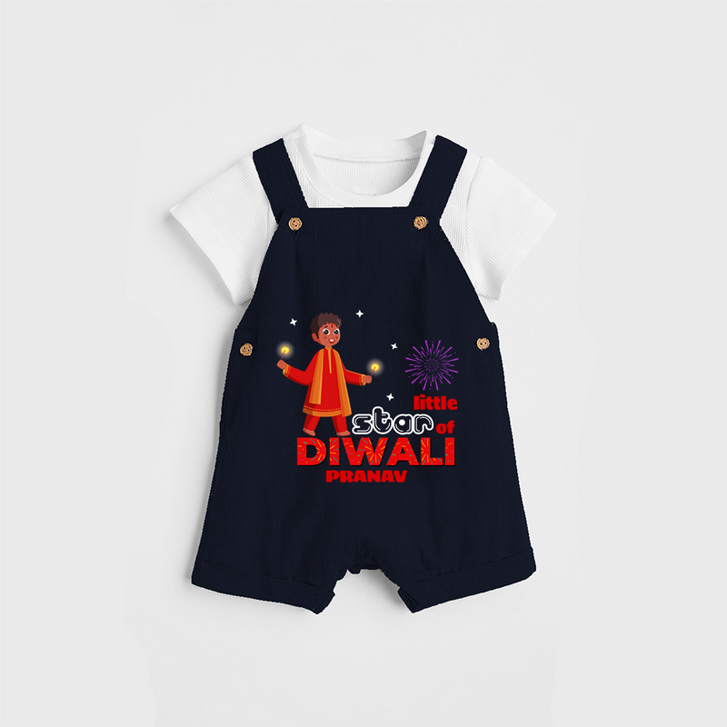 Little Star Of Diwali - Customized Kids Dungaree Set - NAVY BLUE - 0 - 5 Months Old (Chest 18")