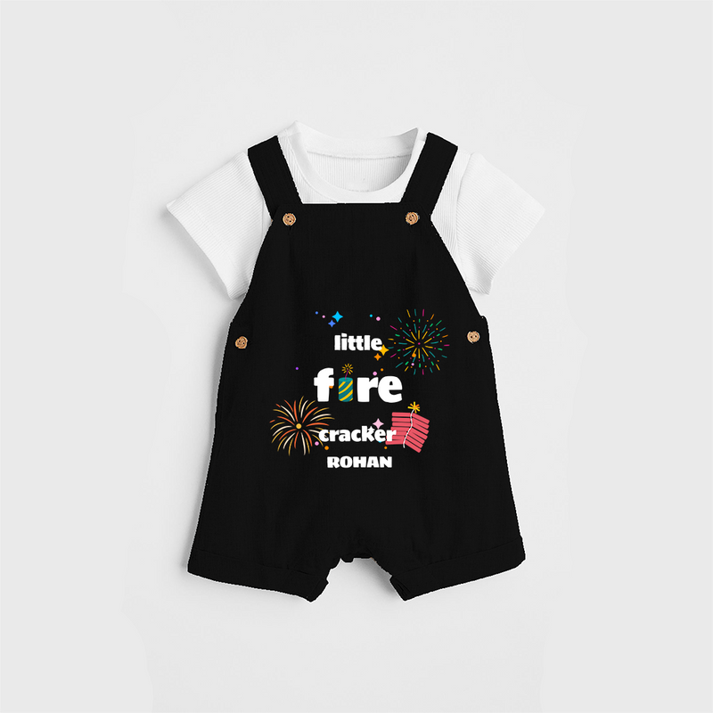 Little Fire Cracker - Diwali Themed Customized Kids Dungaree Set - BLACK - 0 - 5 Months Old (Chest 18")