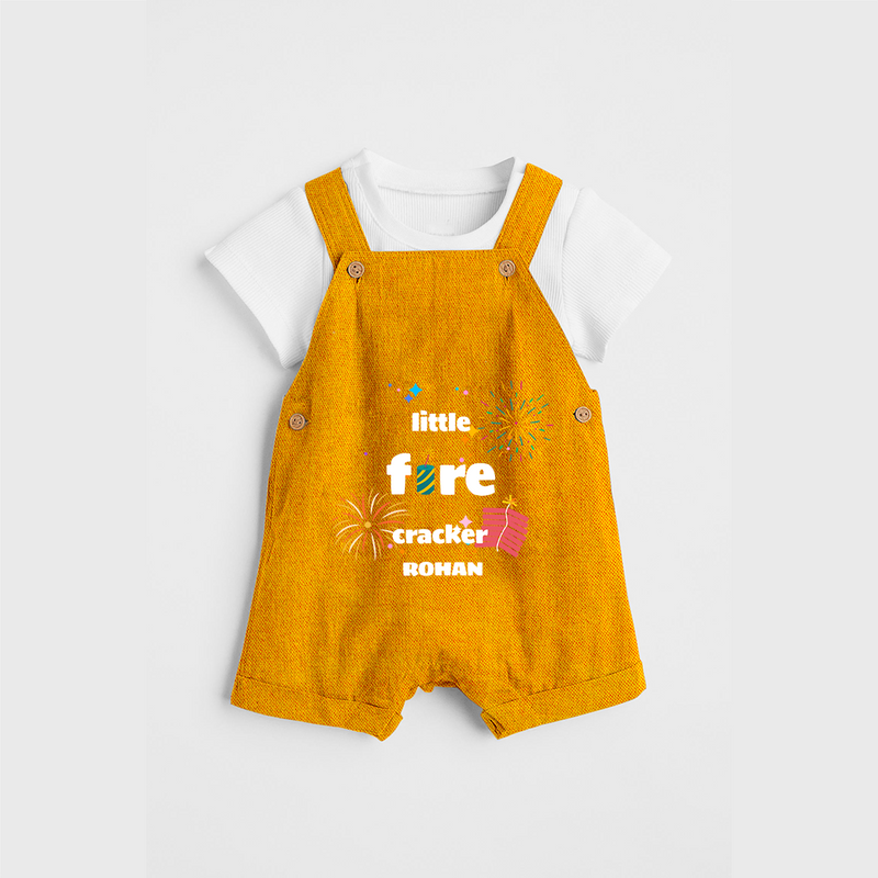 Little Fire Cracker - Diwali Themed Customized Kids Dungaree Set - CHROME YELLOW - 0 - 5 Months Old (Chest 18")