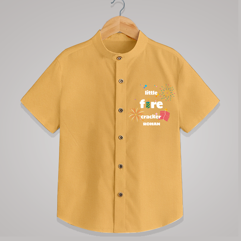 Little Fire Cracker - Diwali Themed Customized Kids Shirt - PASTEL YELLOW - 0 - 6 Months Old (Chest 23")