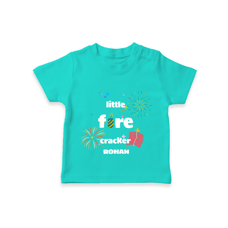 Little Fire Cracker - Diwali Themed Customized Kids T-Shirt - TEAL - 0-5 Months Old (Chest 17")