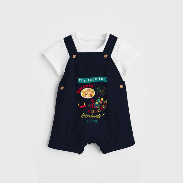 It's Time For Sweets & Crackers - Customized Kids Dungaree Set - NAVY BLUE - 0 - 5 Months Old (Chest 18")