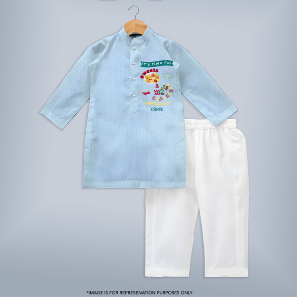 It's Time For Sweets & Crackers - Customized Kids Kurta Set - SKY BLUE - 3-6 Month Old (Chest 24", Kurta Length 14'', Waist 19", Pant Length 14")