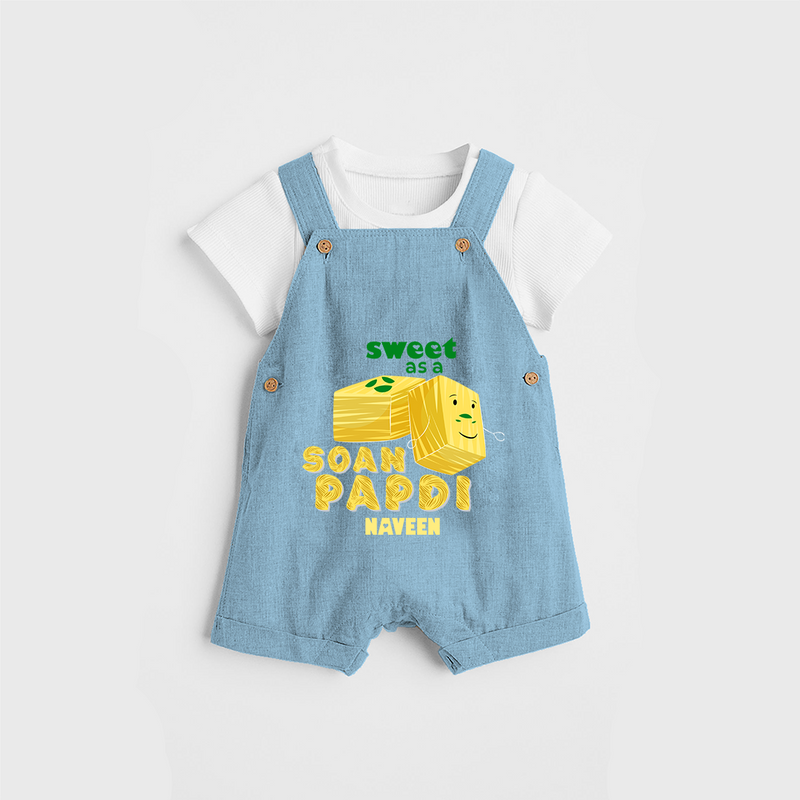 Sweet As A Soan Papdi - Customized Kids Dungaree Set - SKY BLUE - 0 - 5 Months Old (Chest 18")