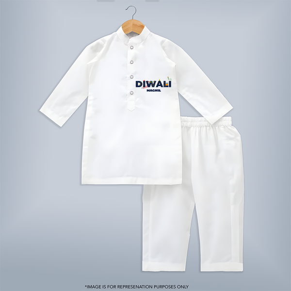 Celebrating Diwali - Customized Kids Kurta Set - WHITE - 3-6 Month Old (Chest 24", Kurta Length 14'', Waist 19", Pant Length 14")