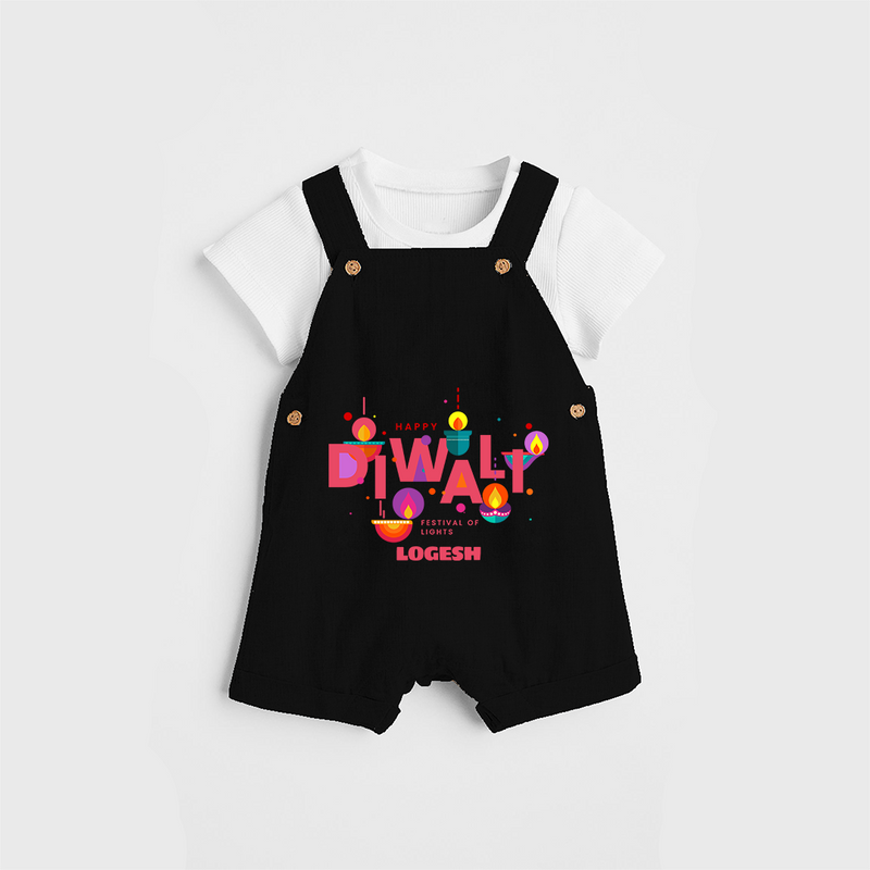 Happy Diwali Festival Of Lights - Customized Kids Dungaree Set - BLACK - 0 - 5 Months Old (Chest 18")