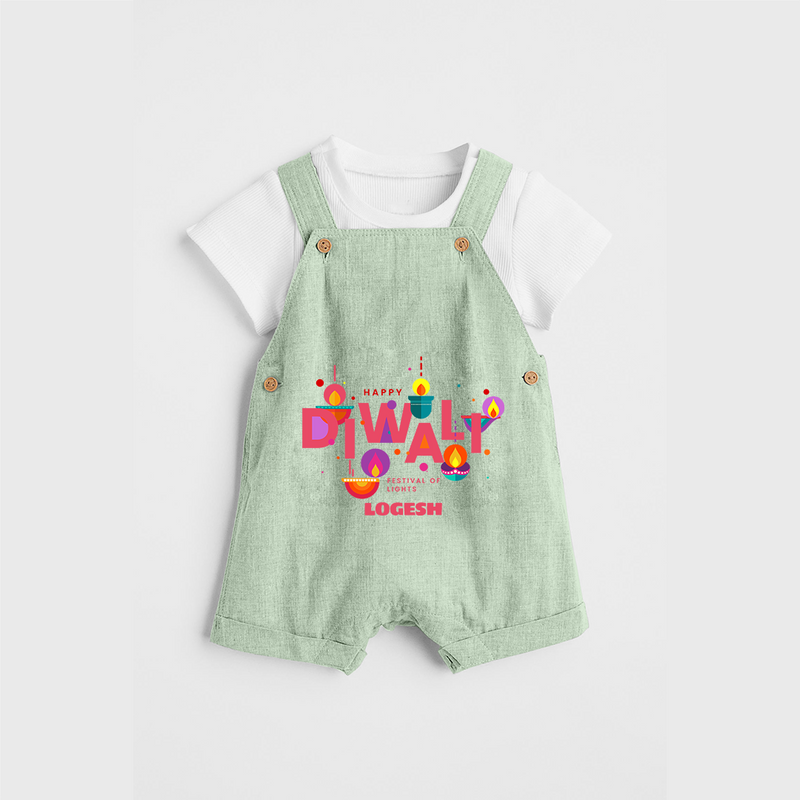 Happy Diwali Festival Of Lights - Customized Kids Dungaree Set - MINT GREEN - 0 - 5 Months Old (Chest 18")