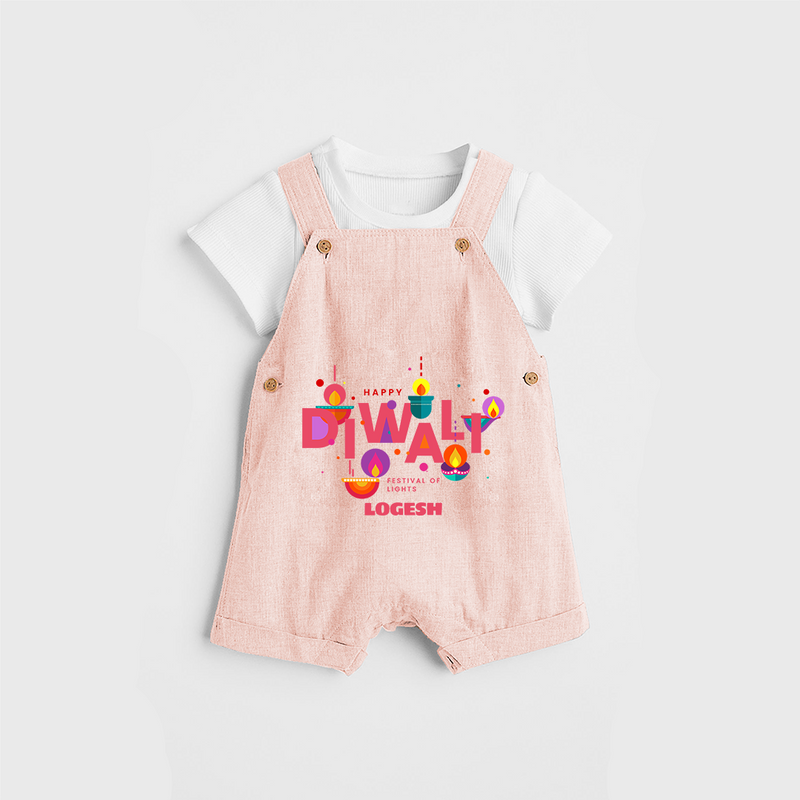 Happy Diwali Festival Of Lights - Customized Kids Dungaree Set - PEACH - 0 - 5 Months Old (Chest 18")