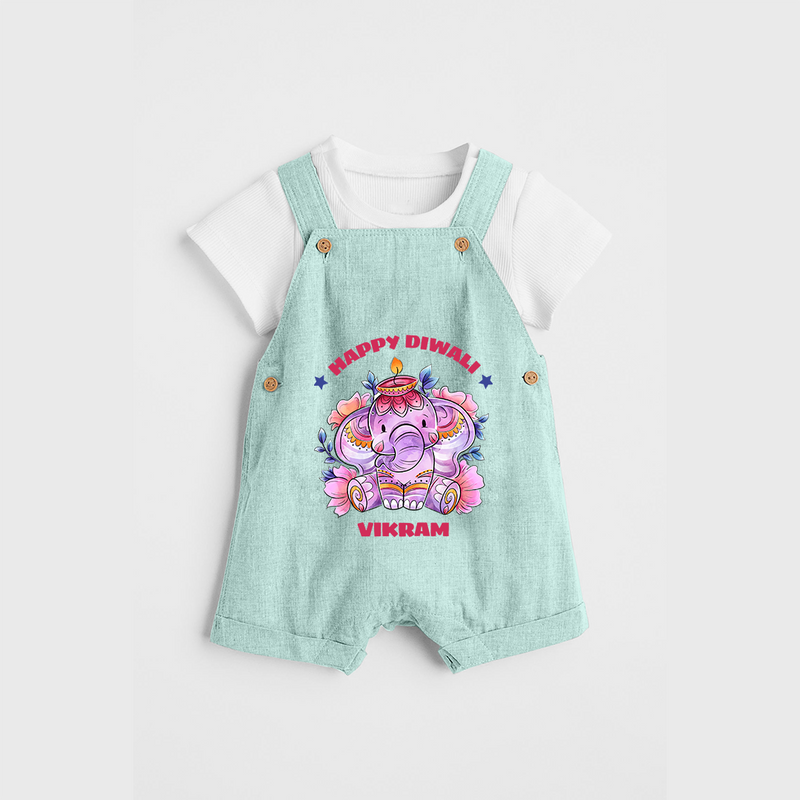 Happy Diwali With Cute little Elephant - Customized Kids Dungaree Set - ARCTIC BLUE - 0 - 5 Months Old (Chest 18")