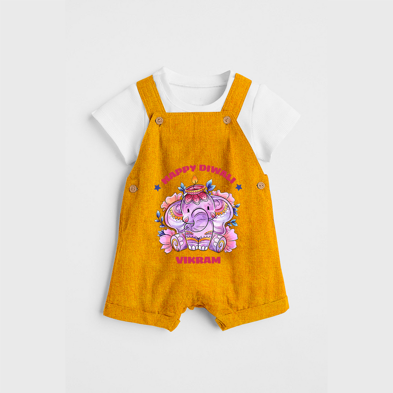 Happy Diwali With Cute little Elephant - Customized Kids Dungaree Set - CHROME YELLOW - 0 - 5 Months Old (Chest 18")